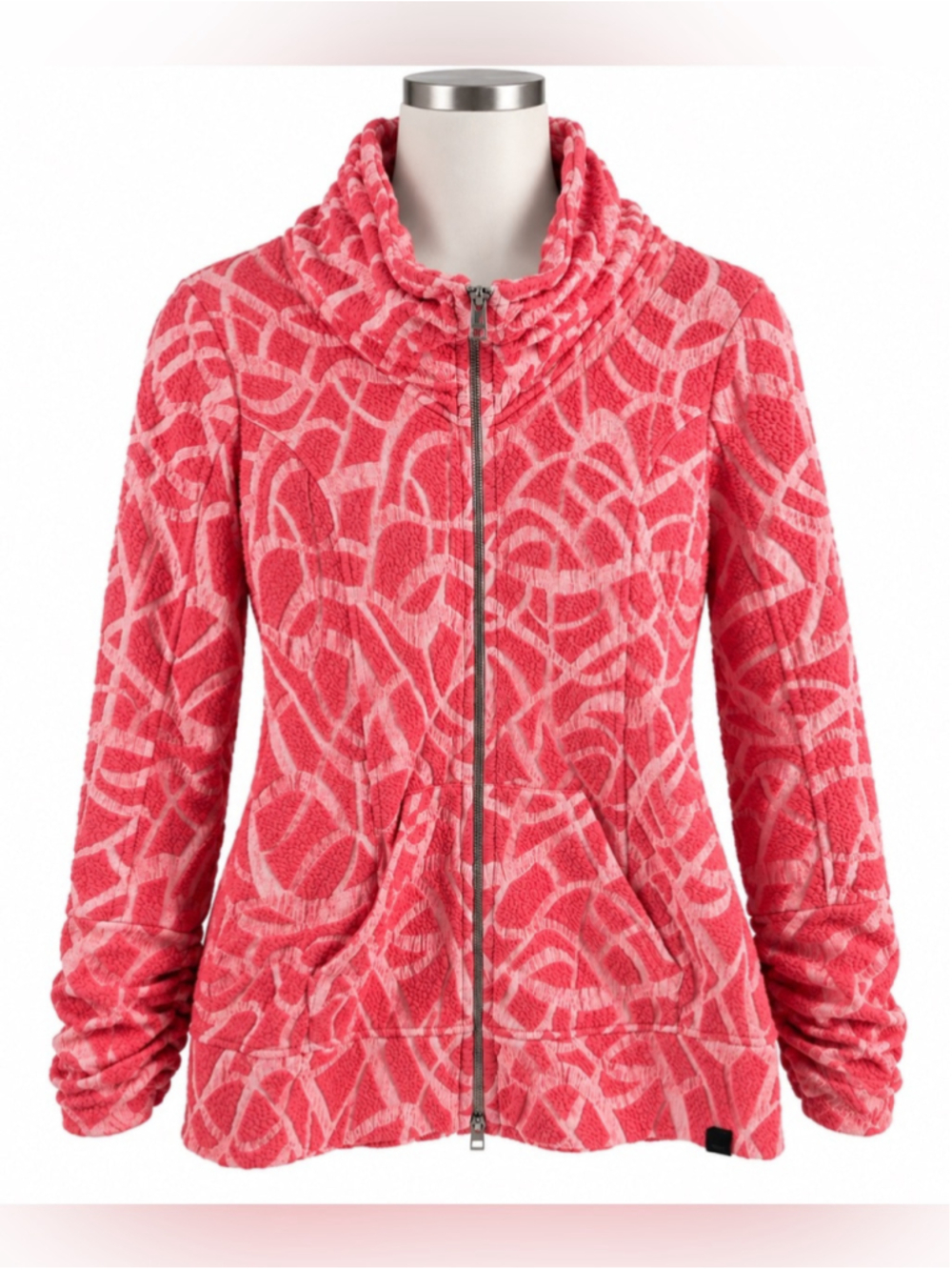 Tonia Debellis zip up sweater quilted coral pattern ruched sleeves & neck sz lg